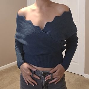 Off the Shoulder Scalloped Teal Sweater